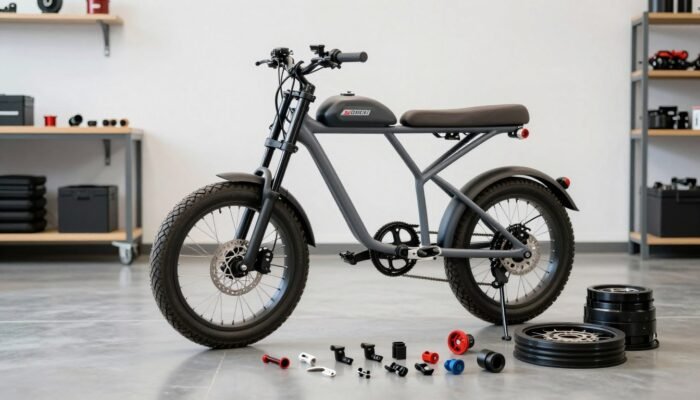 Sur-Ron Light Bee electric bike with various replacement parts and accessories displayed in Canadian workshop