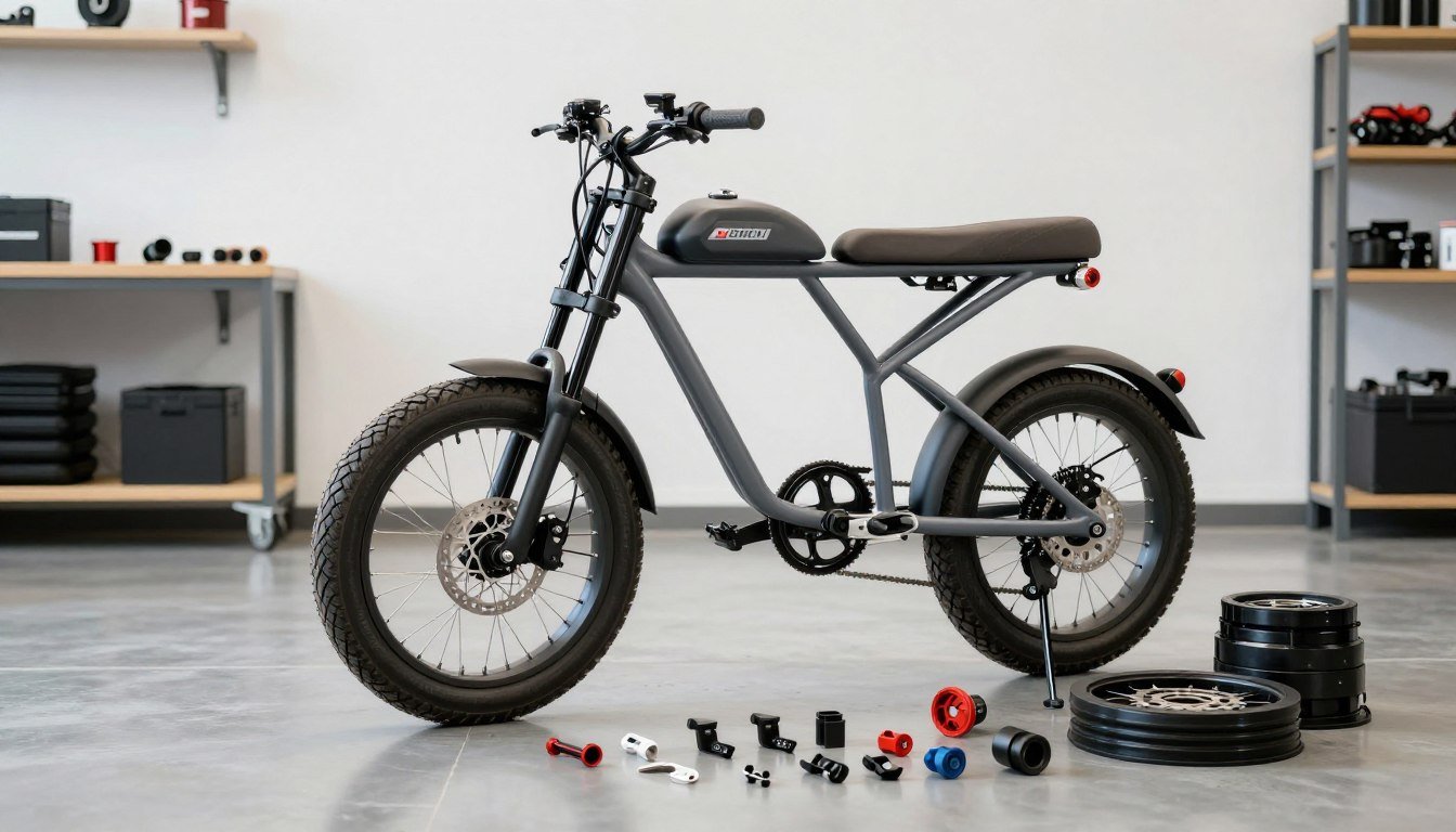 Sur-Ron Light Bee electric bike with various replacement parts and accessories displayed in Canadian workshop